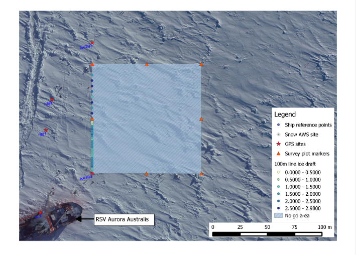 A local coordinate system map of on-ice activities at SIPEX 2 ice station 3. 